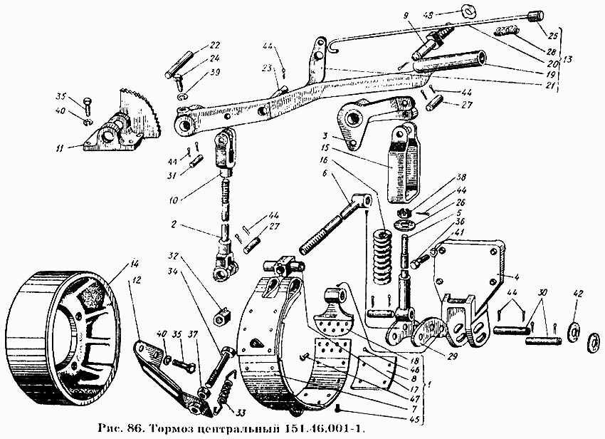 Тормоз центральный 151.46.001-1 (5.23.133 Пружина для оттяжки тормозных лент) 