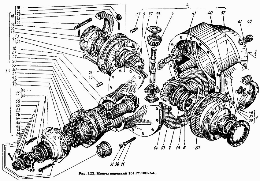 Мосты передний и задний 151.72.001-5А и 151.73.001-5А (125.72.107А Коробка дифференциала правая) 