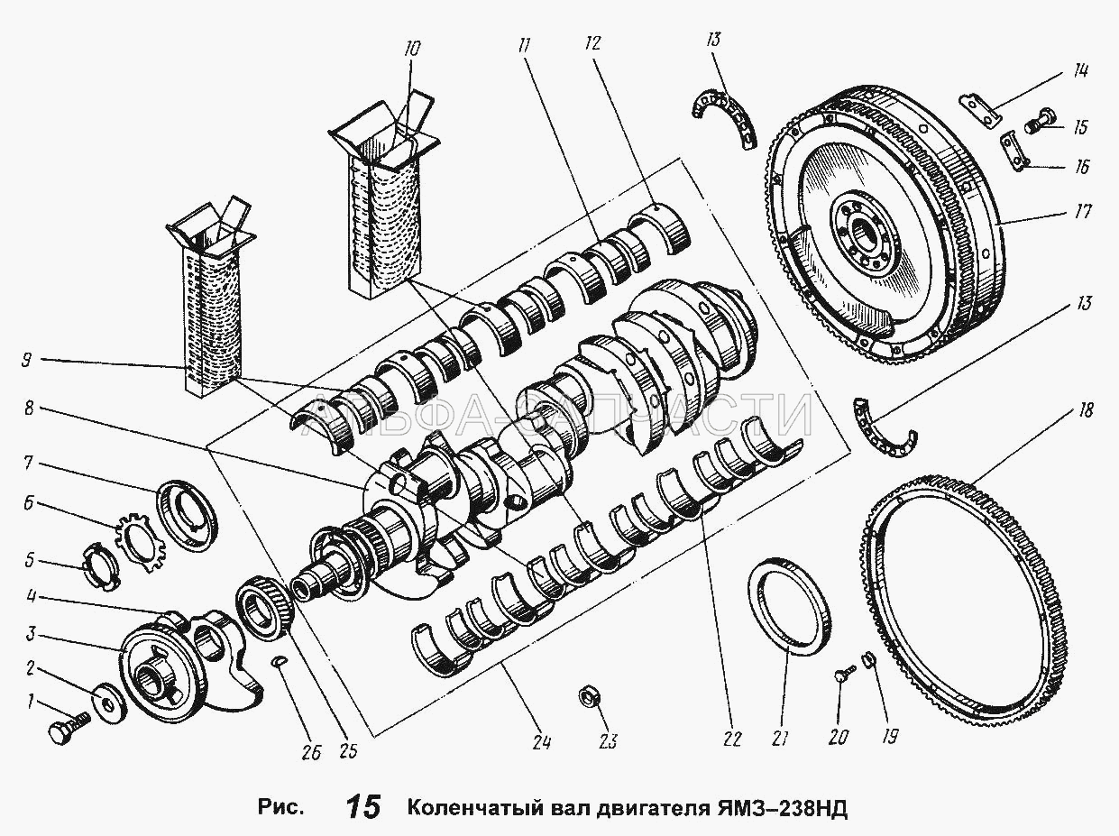 Коленчатый вал двигателя ЯМЗ-238НД (236-1005171-В Вкладыш подшипника коленчатого вала нижний) 