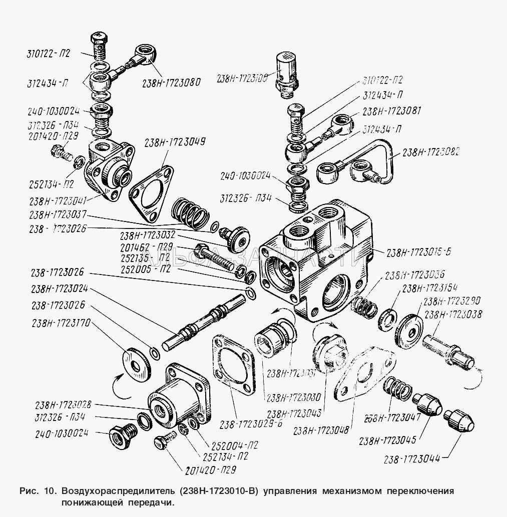 Воздухораспределитель (238Н-1723010-B) управления механизмом переключения понижающей передачи (238-1723044 Сухарь блокирующего устройства) 
