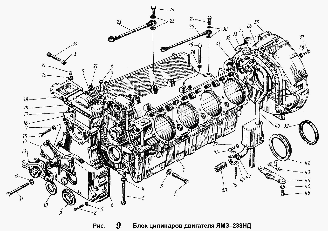 Блок цилиндров двигателя ЯМЗ-238НД (238-1111620 Трубка отвода масла от топливного насоса в сборе) 