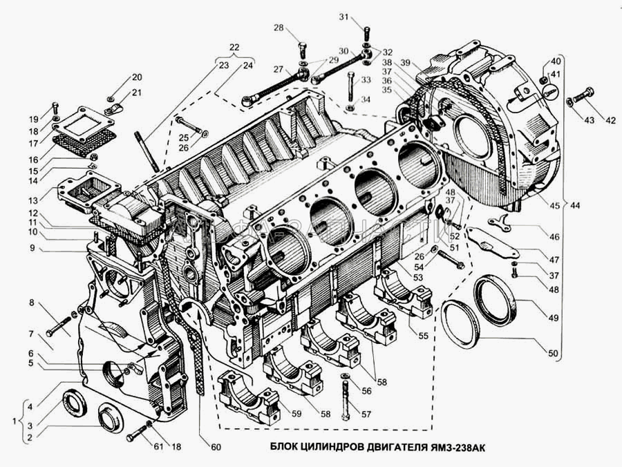 Блок цилиндров двигателя ЯМЗ-238АК (236-1003016-В Шпилька крепления головки цилиндров) 