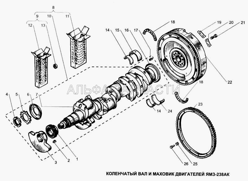 Коленчатый вал и маховик двигателей ЯМЗ238АК (236-1005171-В Вкладыш подшипника коленчатого вала нижний) 