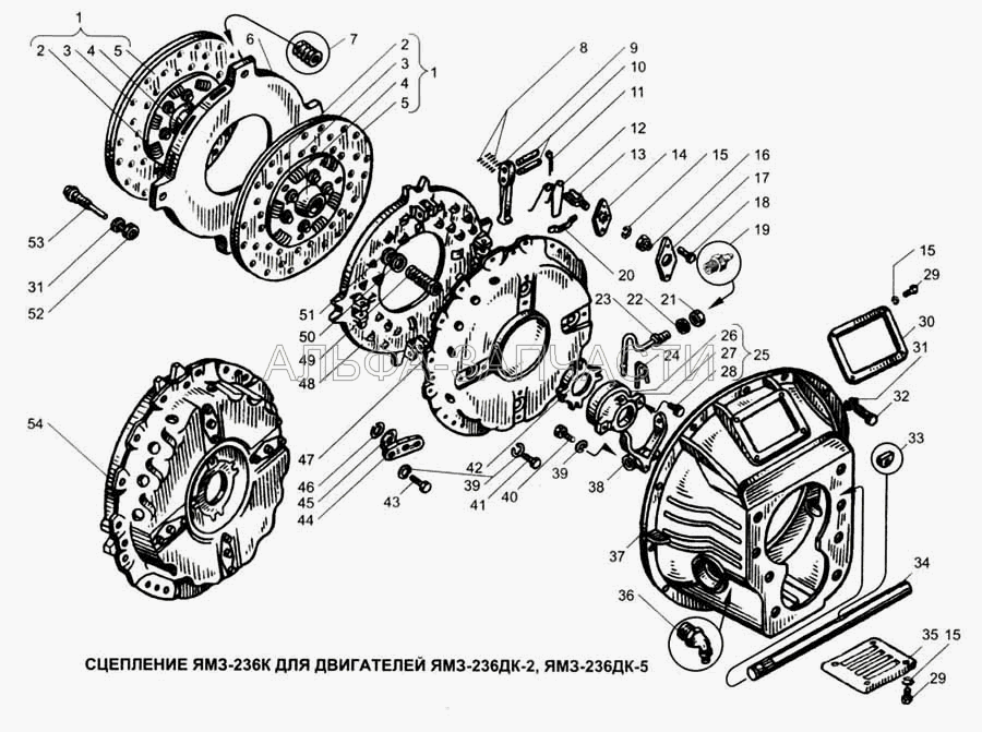 Сцепление ЯМЗ-236К для двигателя ЯМЗ-236ДК-2, ЯМЗ-236ДК-5 (238-1601130-Г2 Диск ведомый передний в сборе) 