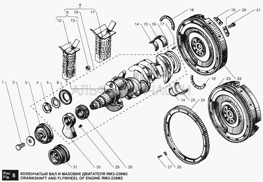 Коленчатый вал и маховик двигателя ЯМЗ-236М2 (236-1005169 Штифт установочный полукольца) 