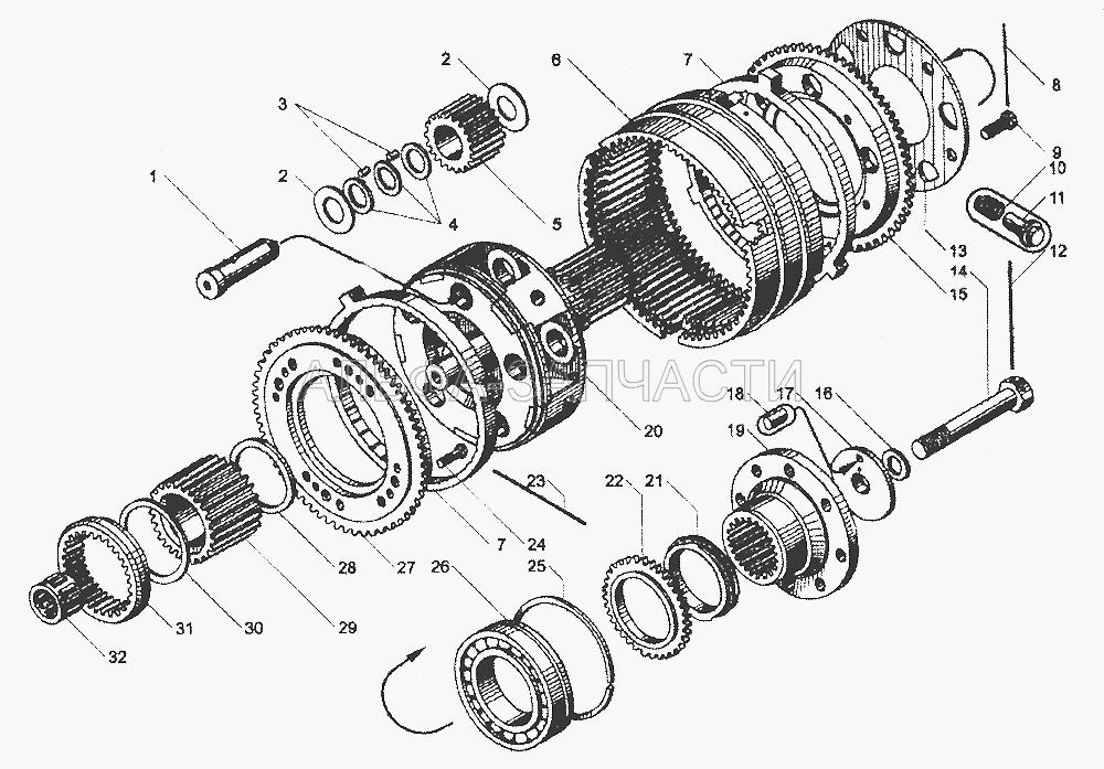 Вал и шестерни демультипликатора коробки передач ЯМЗ-239.17-22 (202.1721157-40 Кольцо конусное в сборе) 