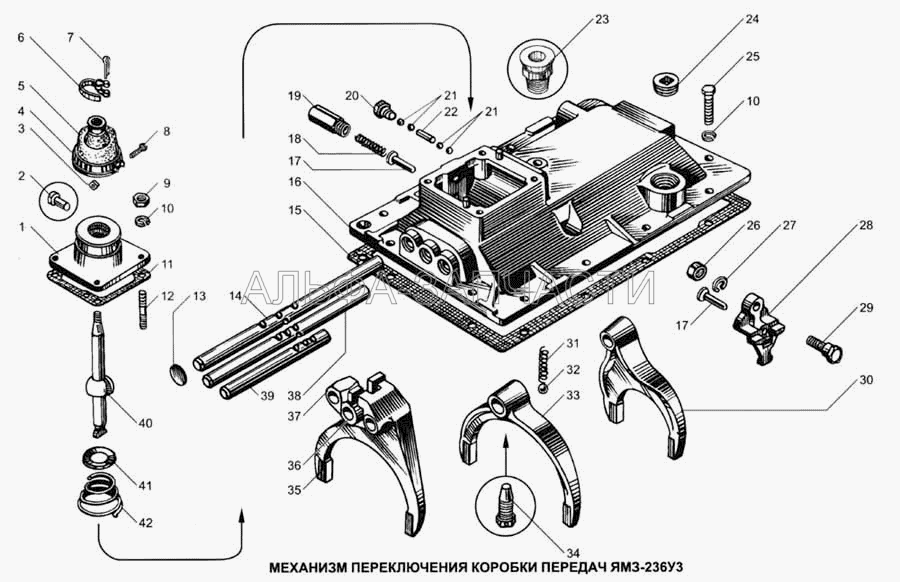 Механизм переключения коробки передач ЯМЗ-236У3 (236-1702060-А2 Шток вилки переключения 1-ой передачи и заднего хода) 