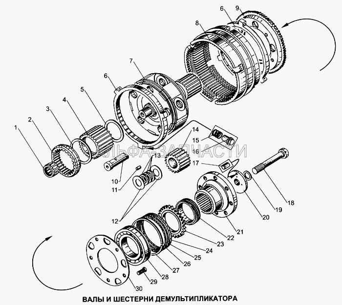 Вал и шестерни демультипликатора коробки передач ЯМЗ-2381-06 (202.1721157-40 Кольцо конусное в сборе) 