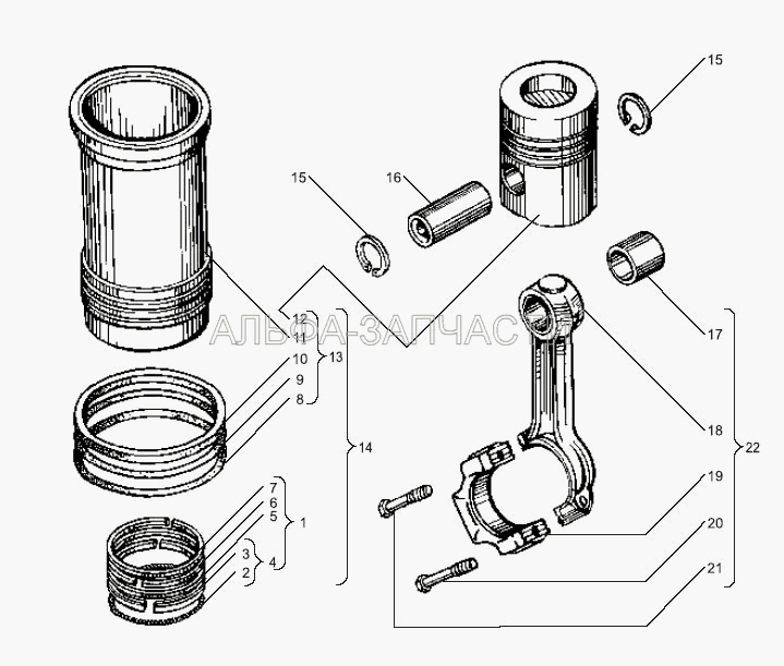Поршень и шатун двигателей ЯМЗ-238БЕ, ЯМ-238ДЕ (236-1002024-А Кольцо уплотнительное верхнее) 