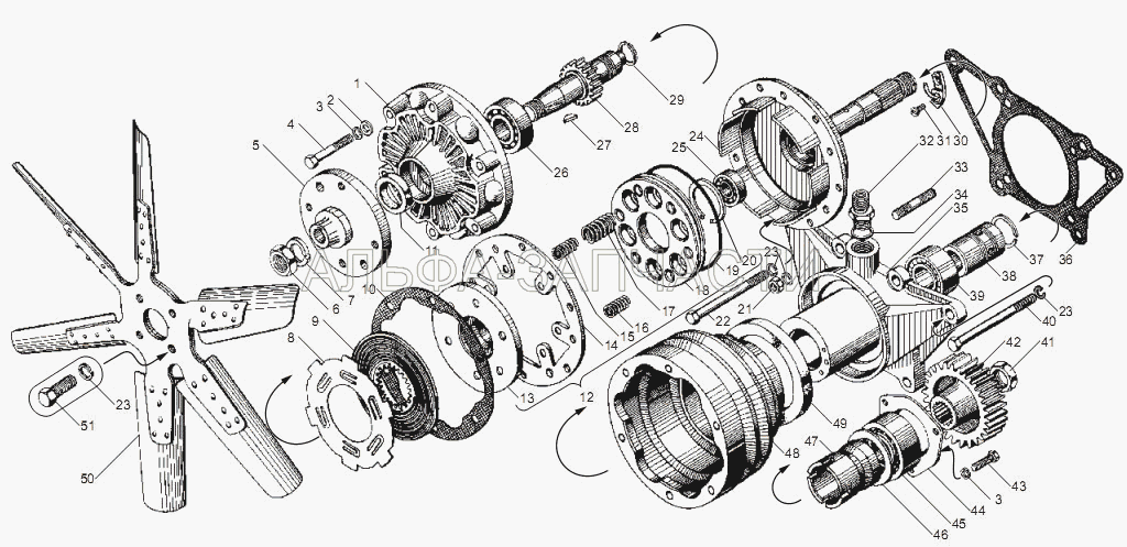 Вентилятор и привод вентилятора двигателя ЯМЗ-238НД5 (236-1308047 Вал привода в сборе) 