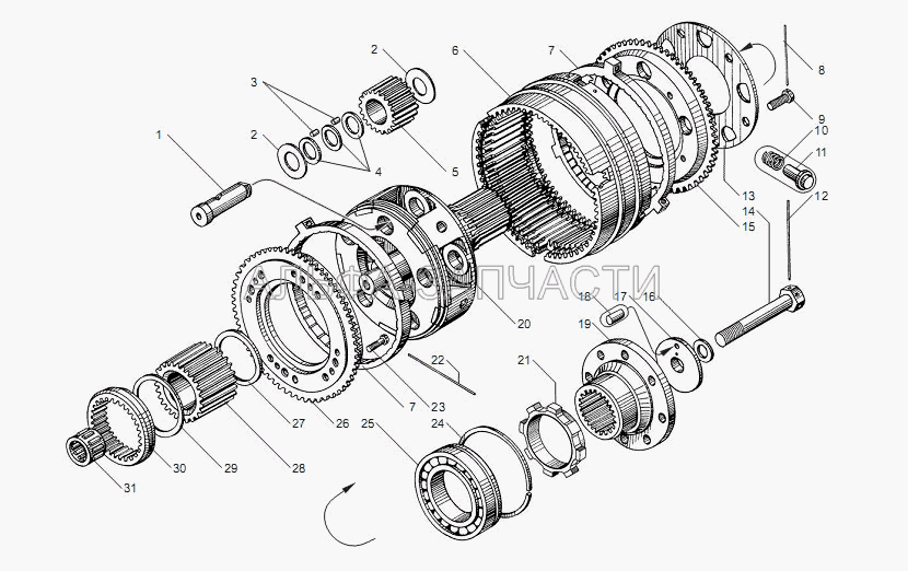 Вал и шестерни демультипликатора КП ЯМЗ-239 (202.1721375-51 Шестерня солнечная) 