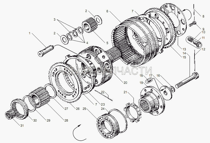 Вал и шестерни демультипликатора КП ЯМЗ-2381 (202.1721375-51 Шестерня солнечная) 