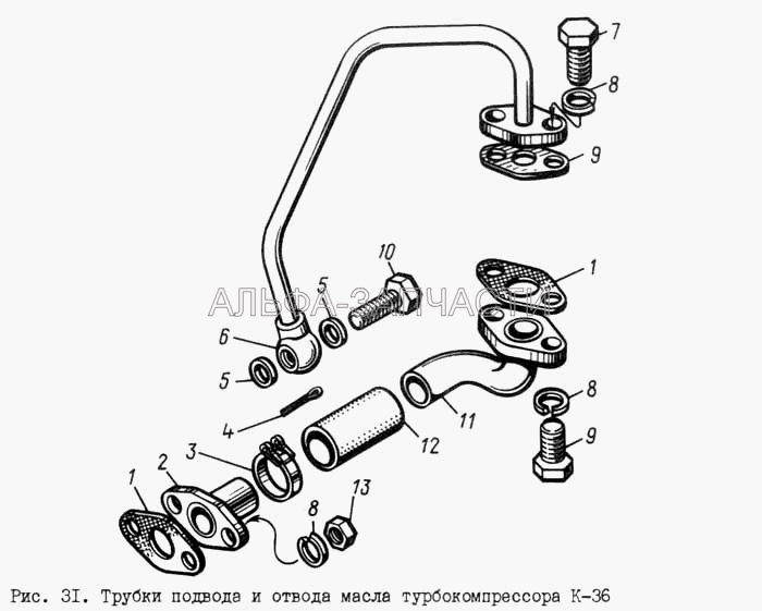 Трубки подвода и отвода масла турбокомпрессора К-36  