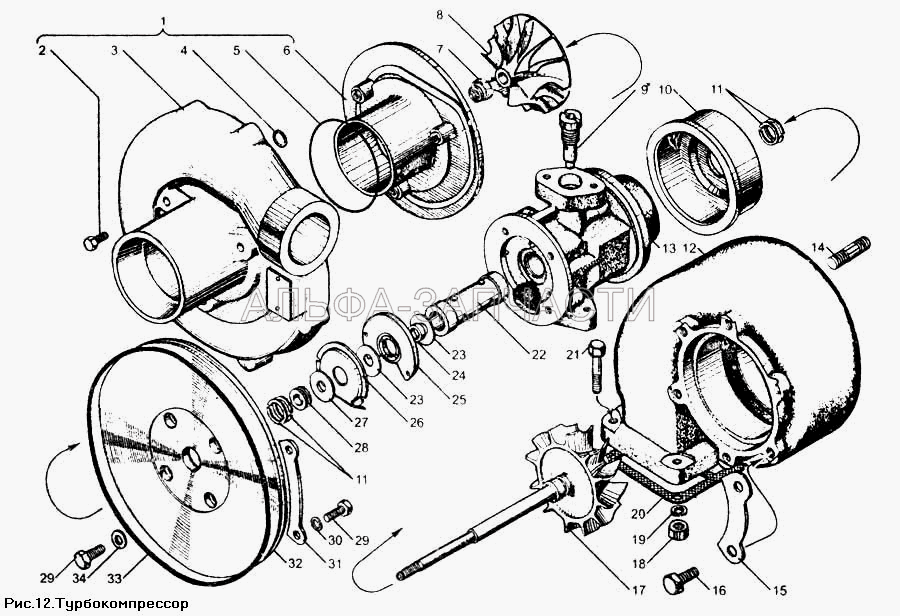 Турбокомпрессор (12.1118086 Колесо турбины с валом в сборе) 