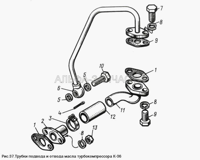 Трубки подвода и отвода масла турбокомпрессора К-36  