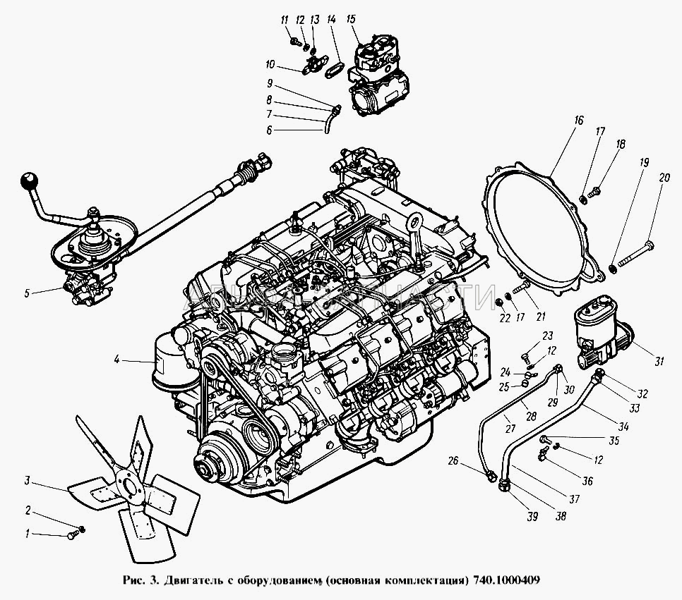 Двигатель с оборудованием (основная комплектация) (740.3407110 Трубка высокого давления насоса гидроусилителя руля) 