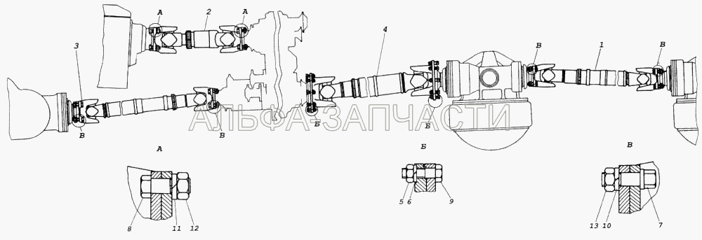 Установка карданных валов (4310-2202011-02 Вал карданный основной) 