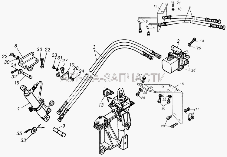 Установка цилиндра и трубопроводов опрокидывающего механизма кабины и ДЗК (4310-5009052 Шланг в сборе) 