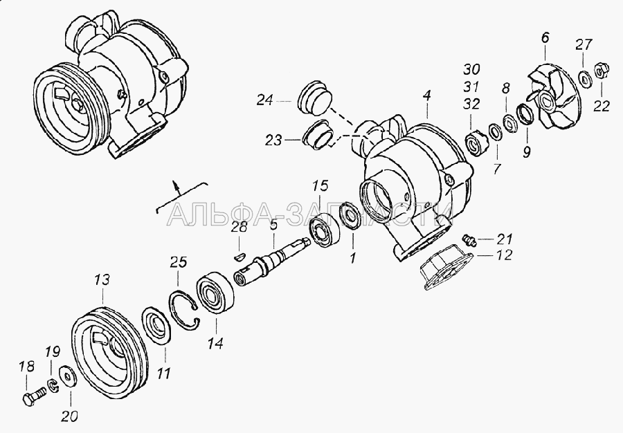 740.13-1307010 Насос водяной (870810 Шпонка сегментная 5х7,5х19) 