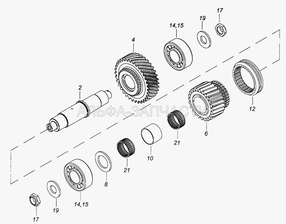 65111-1802084-10 Вал промежуточный раздаточной коробки (65111-1802088-10 Шестерня постоянного зацепления промежуточного вала) 