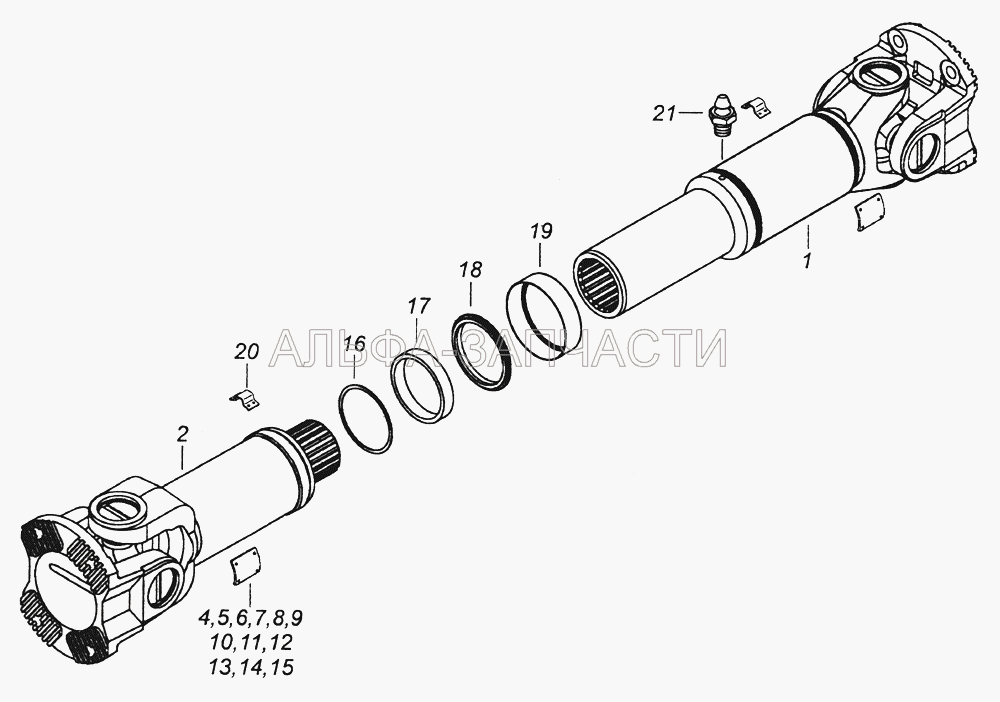 53205-2205011-10 Вал карданный среднего моста (43114-2205011 Вал карданный среднего моста) 