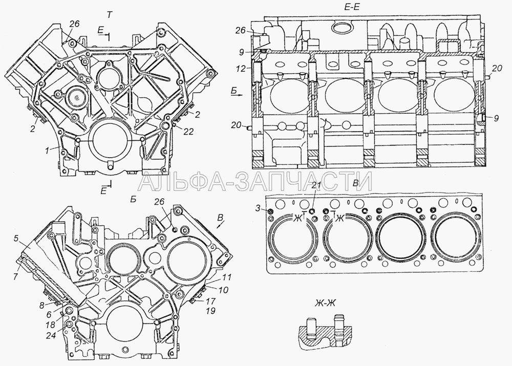 740.50-1002010 Блок цилиндров (740.1002040 Кольцо уплотнительное гильзы) 