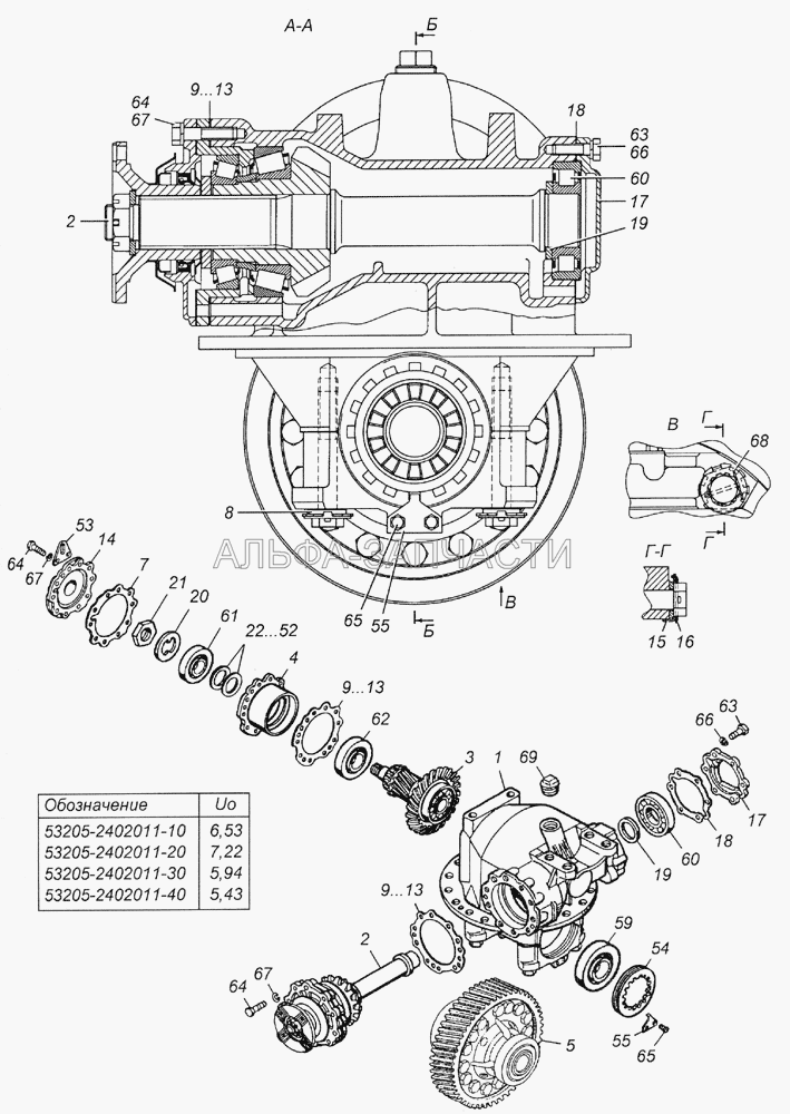 53205-2402011-10 Передача главная заднего моста в сборе (4624434258 Подшипник роликовый конический однорядный с большим углом конуса ГОСТ 520-89) 