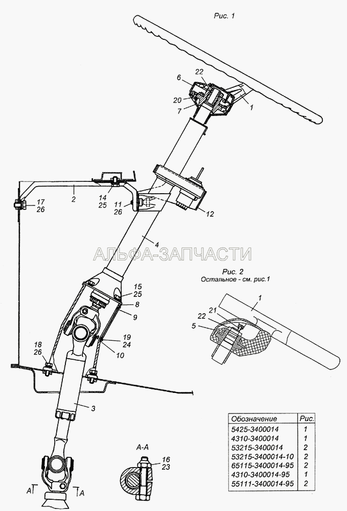 5425-3400014 Установка колонки рулевого управления (53205-3422010-75 Вал карданный рулевого управления в сборе) 