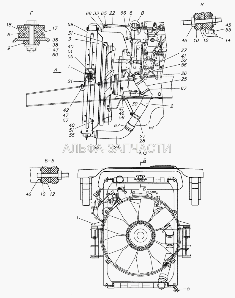 6350-1300023-10 Установка радиатора (5320-1311063-01 Рукав от радиатора к бачку) 