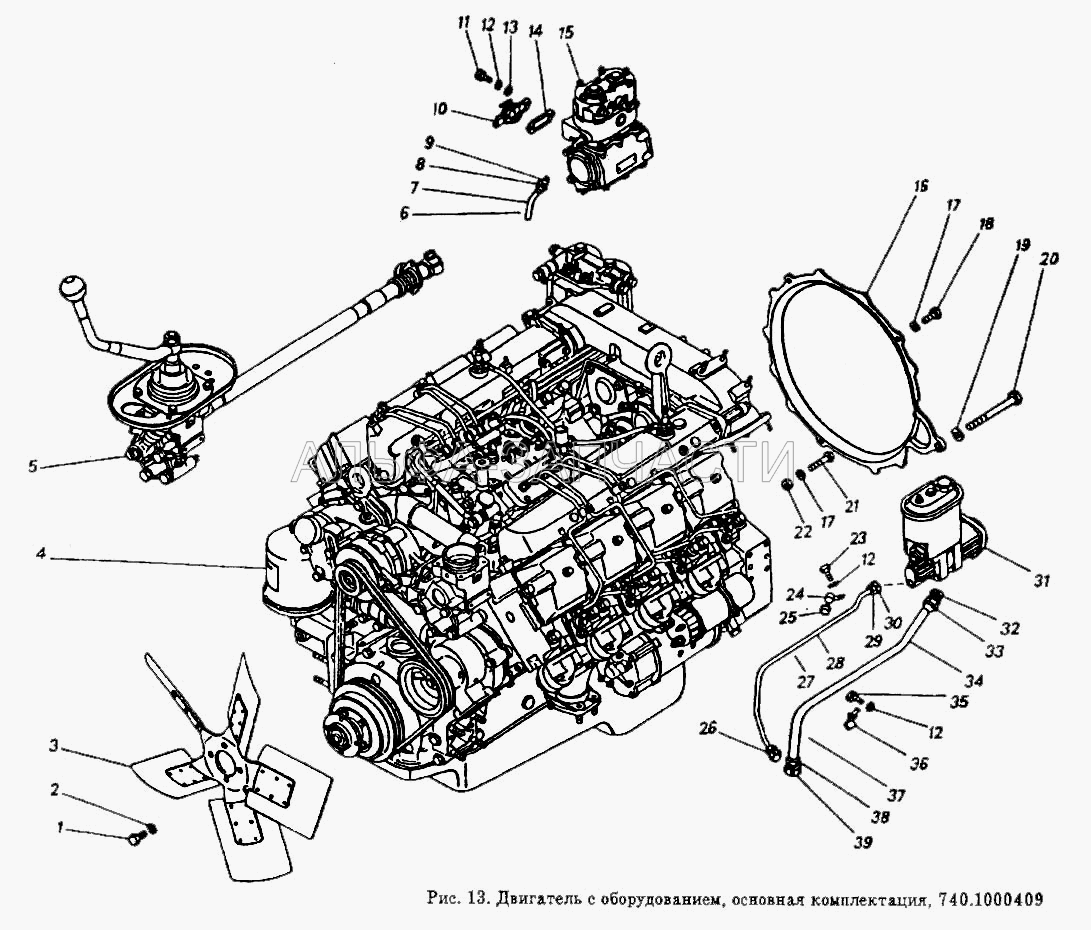 Двигатель с оборудованием, основная комплектация (740.3407116 Трубка низкого давления насоса гидроусилителя руля) 