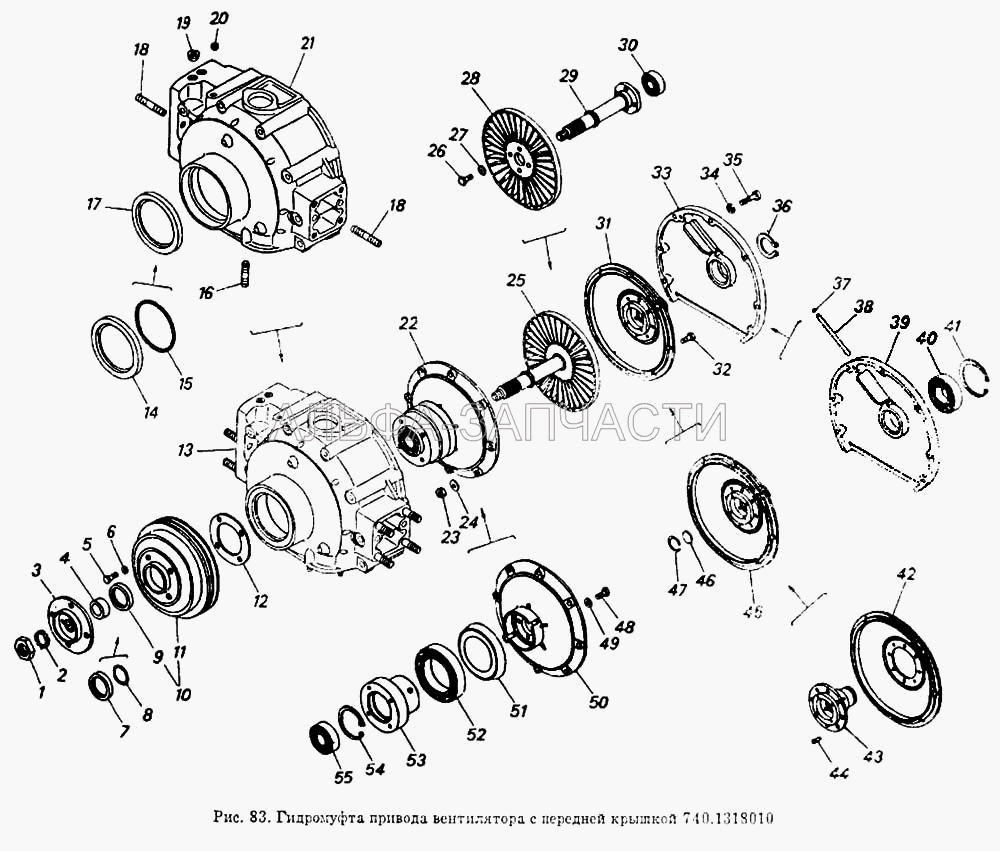 Гидромуфта привода вентилятора с передней крышкой (740.1318046 Колесо ведомое гидромуфты) 
