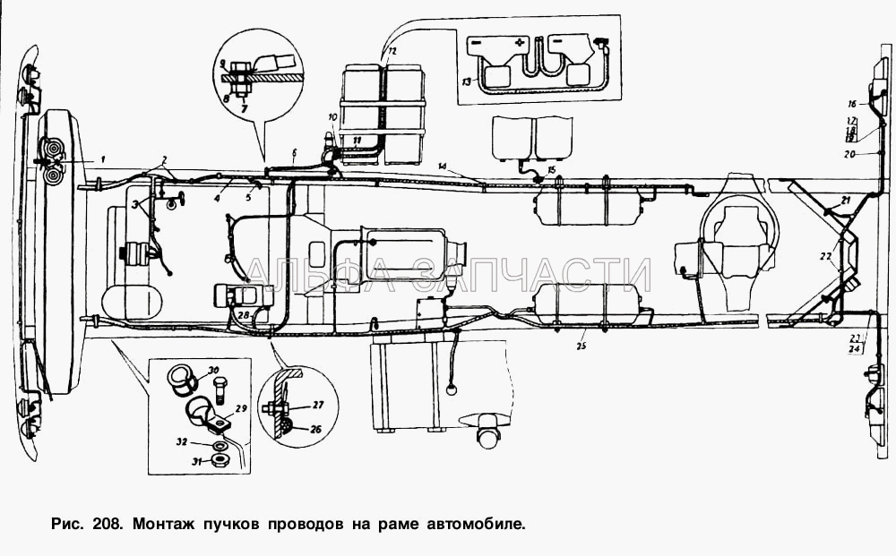 Монтаж пучков проводов на раме автомобиля (5320-3724092 Провод аккумуляторная батарея-стартер) 