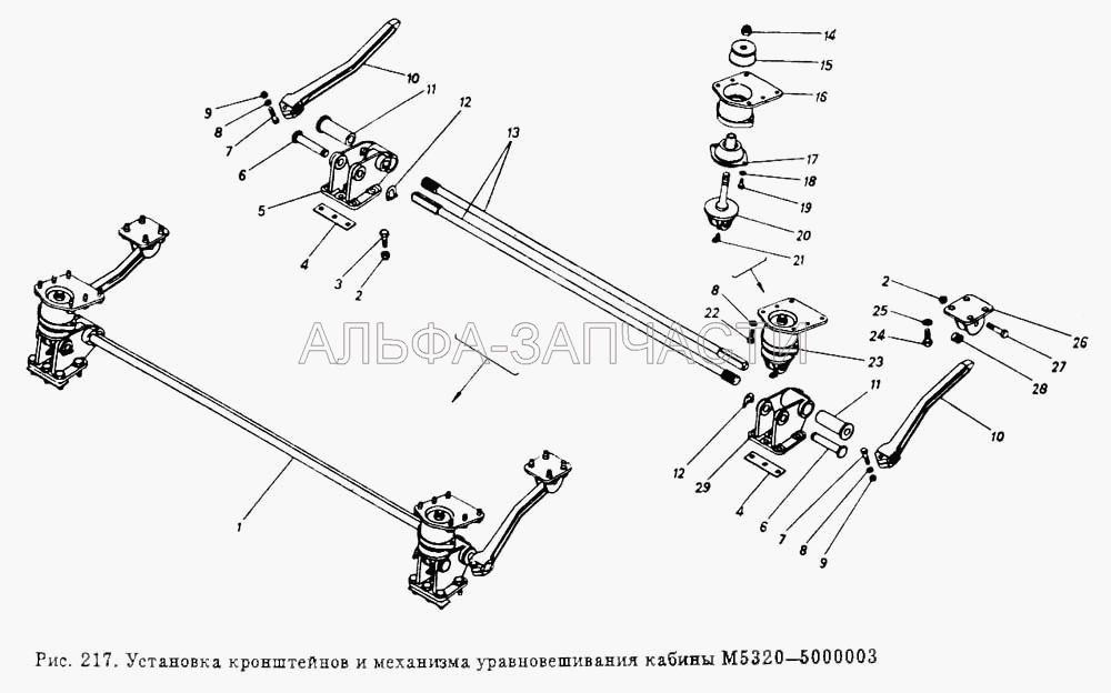 Установка кронштейнов и механизма уравновешивания кабины (5320-5001030 Опора переднего крепления) 