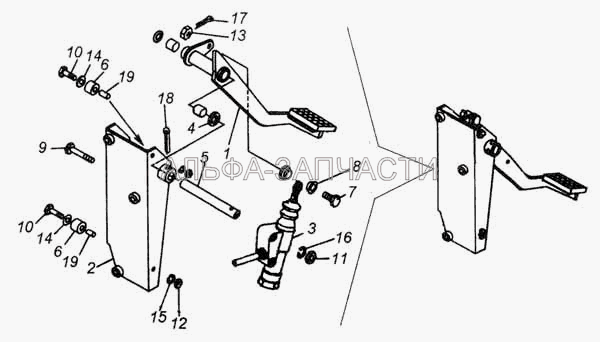 Педаль сцепления с кронштейном и главным цилиндром (5320-1602573 Втулка пальца толкателя главного цилиндра управления сцеплением) 
