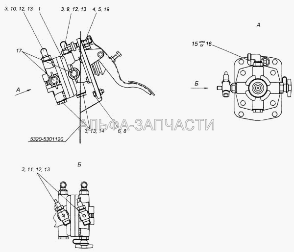 Установка двухсекционного тормозного крана (5320-3514108 Кран тормозной двухсекционный с педалью в сборе) 