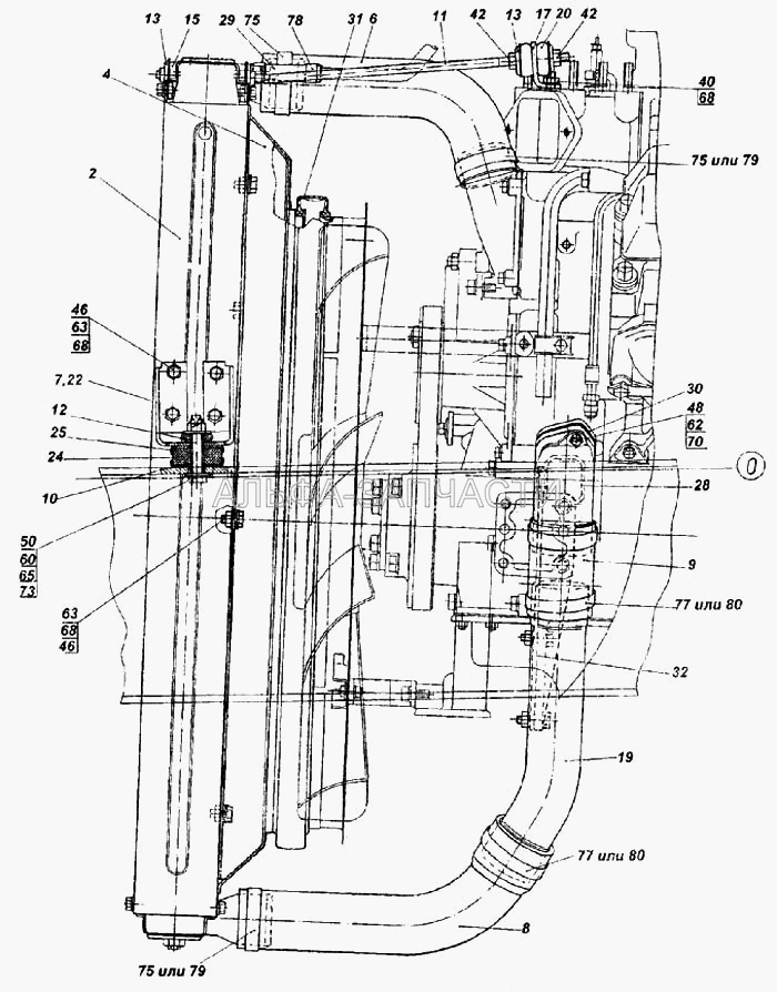 Установка радиатора и уплотнителей радиатора (5320-1303063 Прокладка подводящего патрубка) 