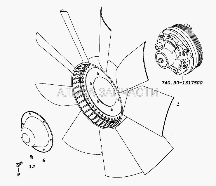 Установка вентилятора (740.30-1308012 Крыльчатка вентилятора) 