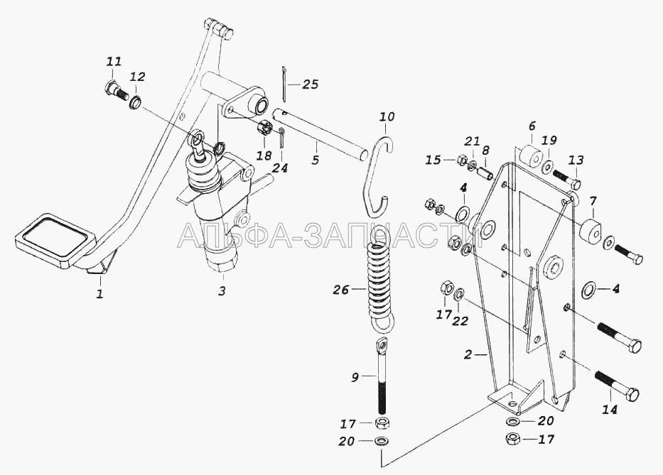 Педаль сцепления с кронштейном и главным цилиндром  