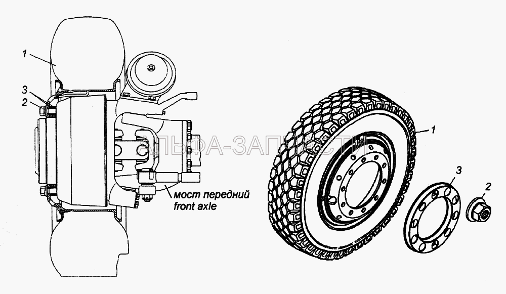 Установка передних колес (5425-3101040 Гайка с шайбой) 
