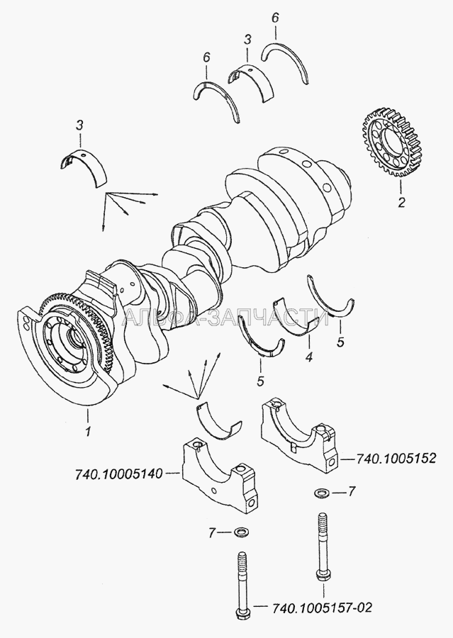 740.60-1005007 Установка вала коленчатого (7405.1005171 Вкладыш подшипника коленчатого вала нижний) 