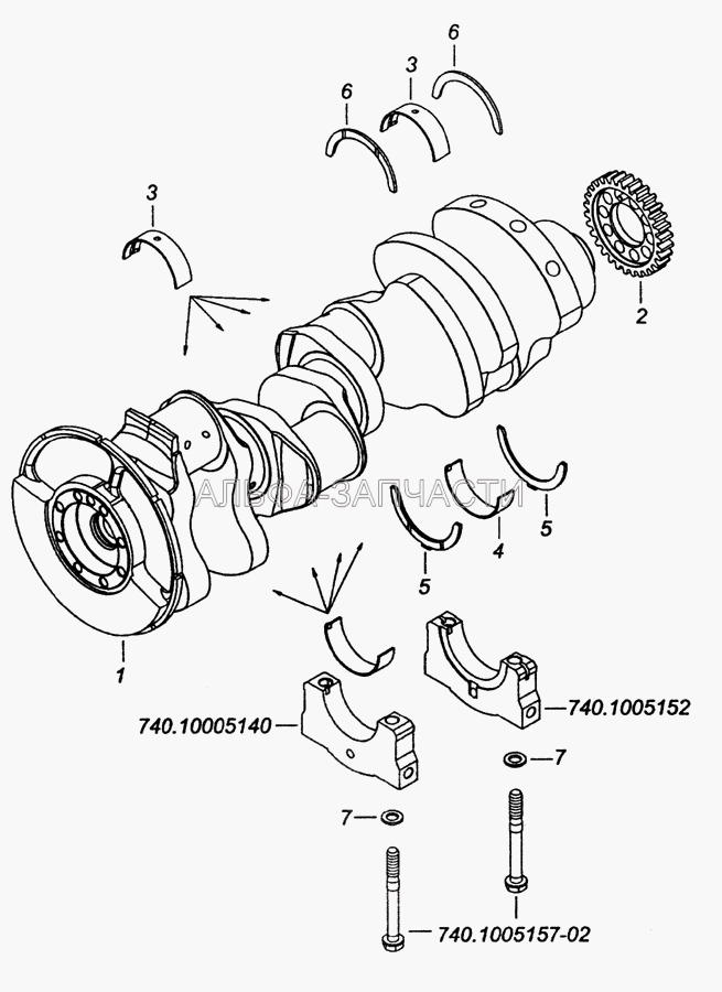 740.63-1005007 Установка вала коленчатого (7405.1005171 Вкладыш подшипника коленчатого вала нижний) 