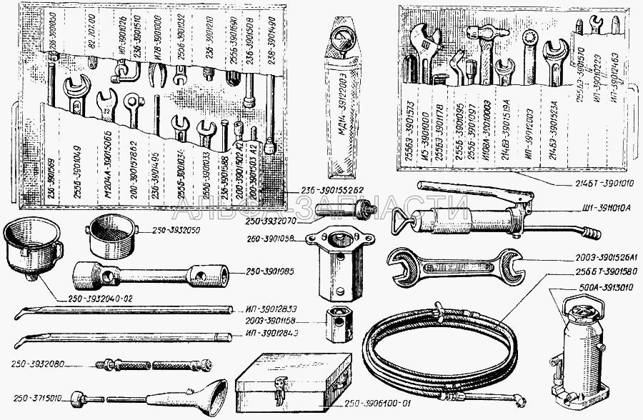 Раскладка инструмента в инструментальном ящике (А24-55+50 Лампа фары) 