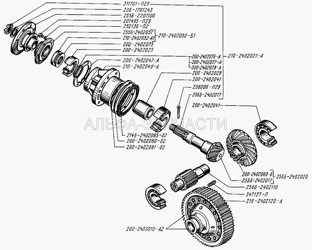Валы и шестерни редуктора главной передачи переднего моста (210-2402021-А Шестерня ведущая в сборе) 
