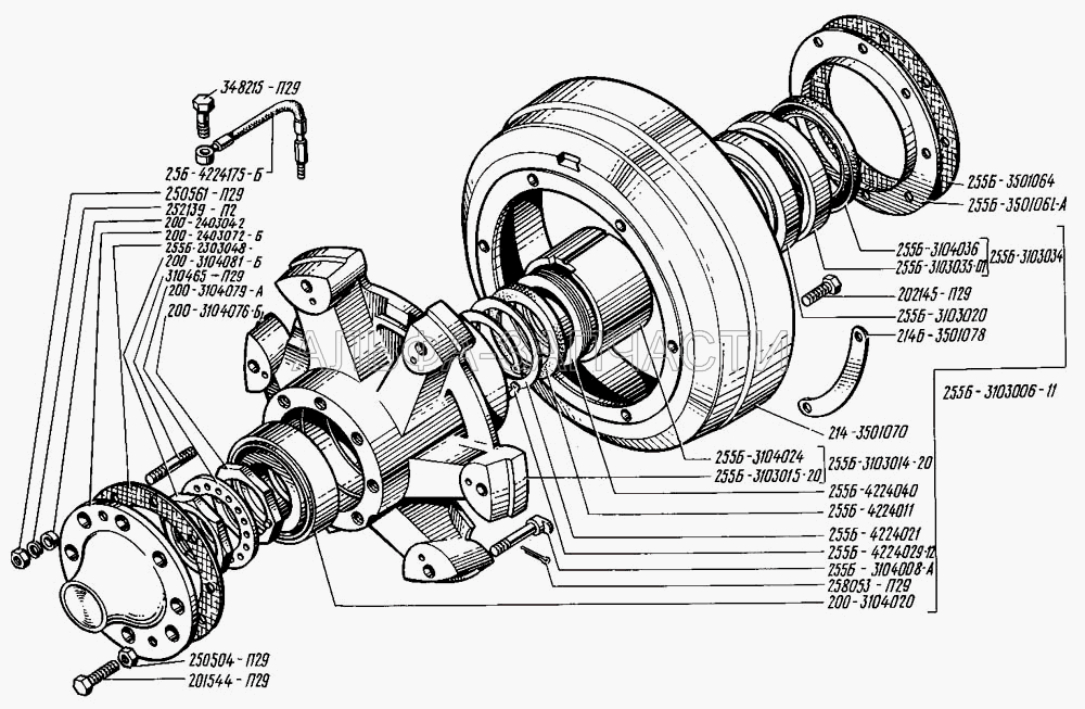 Ступицы передних колес и барабаны тормозные (255Б-4224021 Упор конусный) 