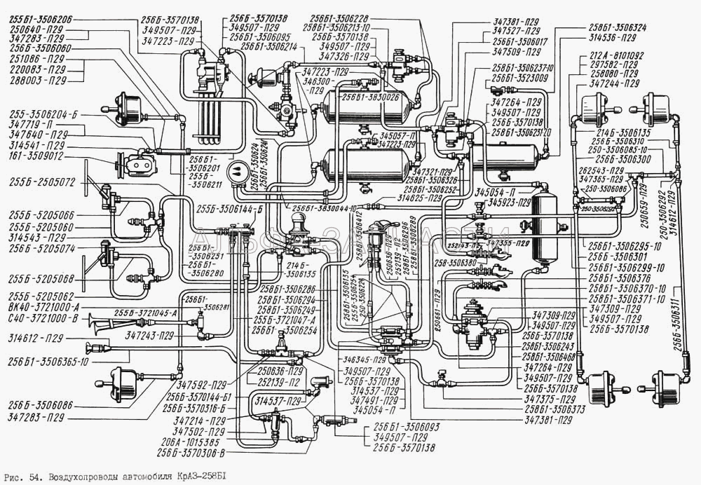 Воздухопроводы автомобиля КрАЗ-258Б1  