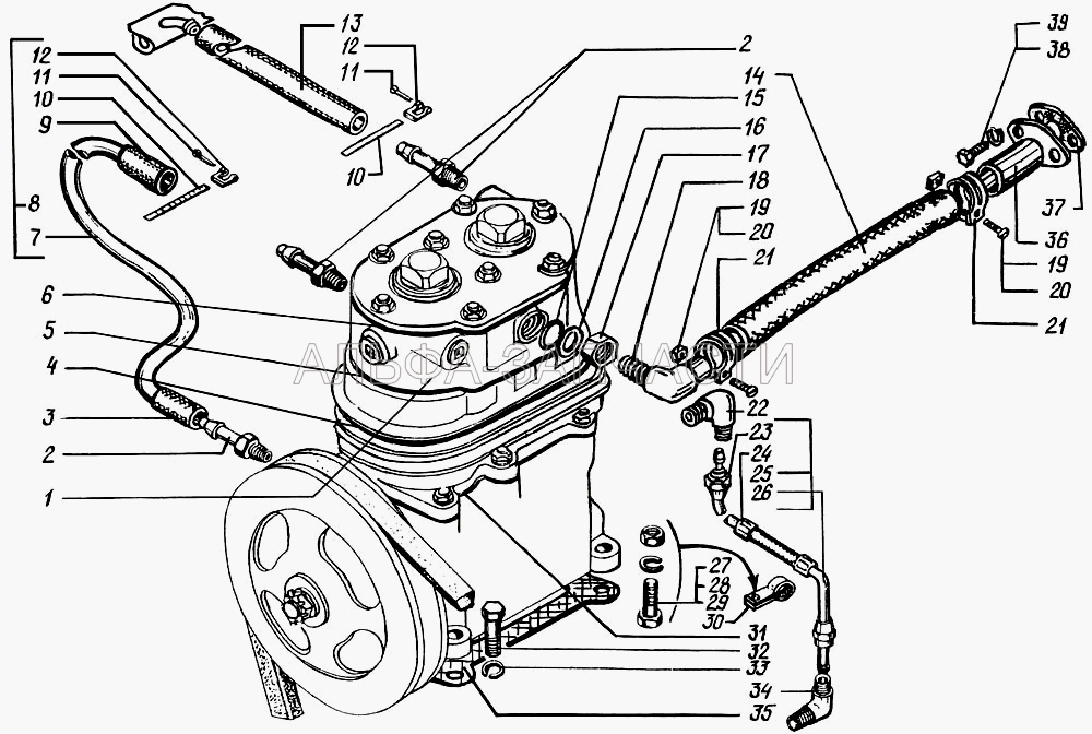 Установка и привод компрессора (после внесения конструктивных изменений) (256Б1-3509281 Трубка) 
