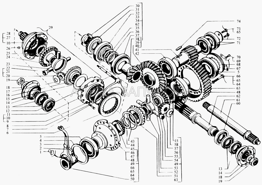 Редуктор главной передачи среднего моста (валы и шестерни) (201452-П29 Болт М8х12) 