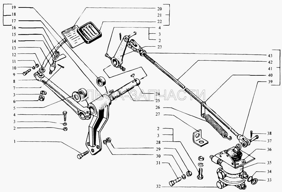 Педаль тормозная и привод управления двухсекционным тормозным краном (250Б-3504060 Рычаг) 
