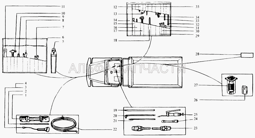 Раскладка инструмента под сиденьем пассажира  