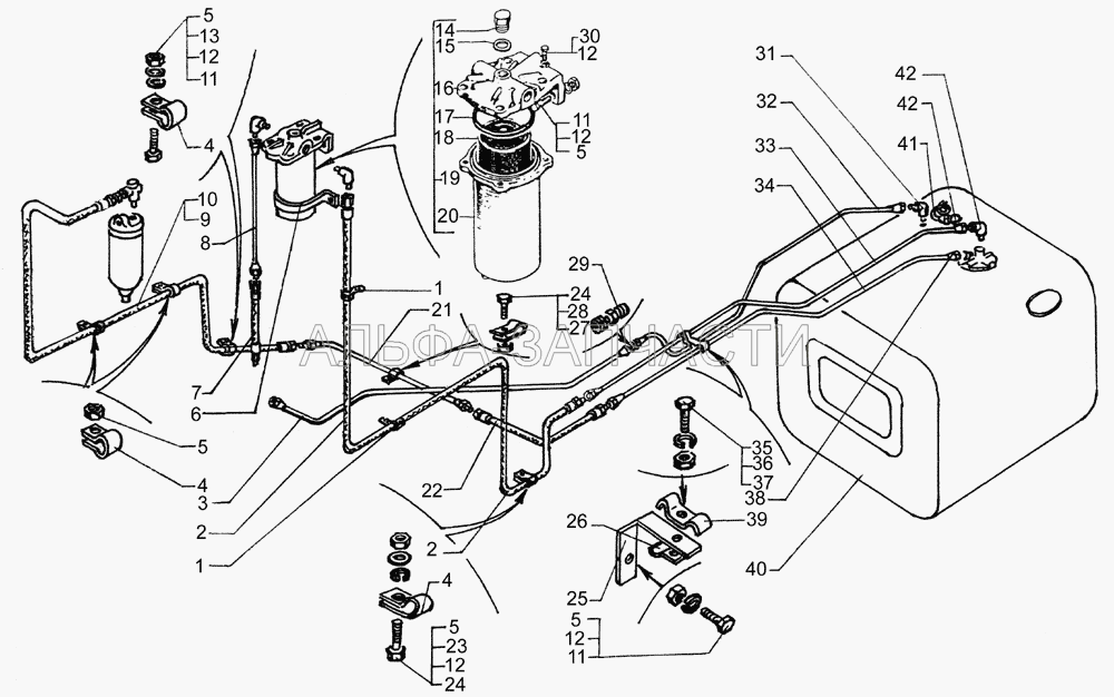 Топливные баки, топливопроводы и фильтр грубой очистки топлива автомобилей КрАЗ-65055-02, КрАЗ-65053-02  